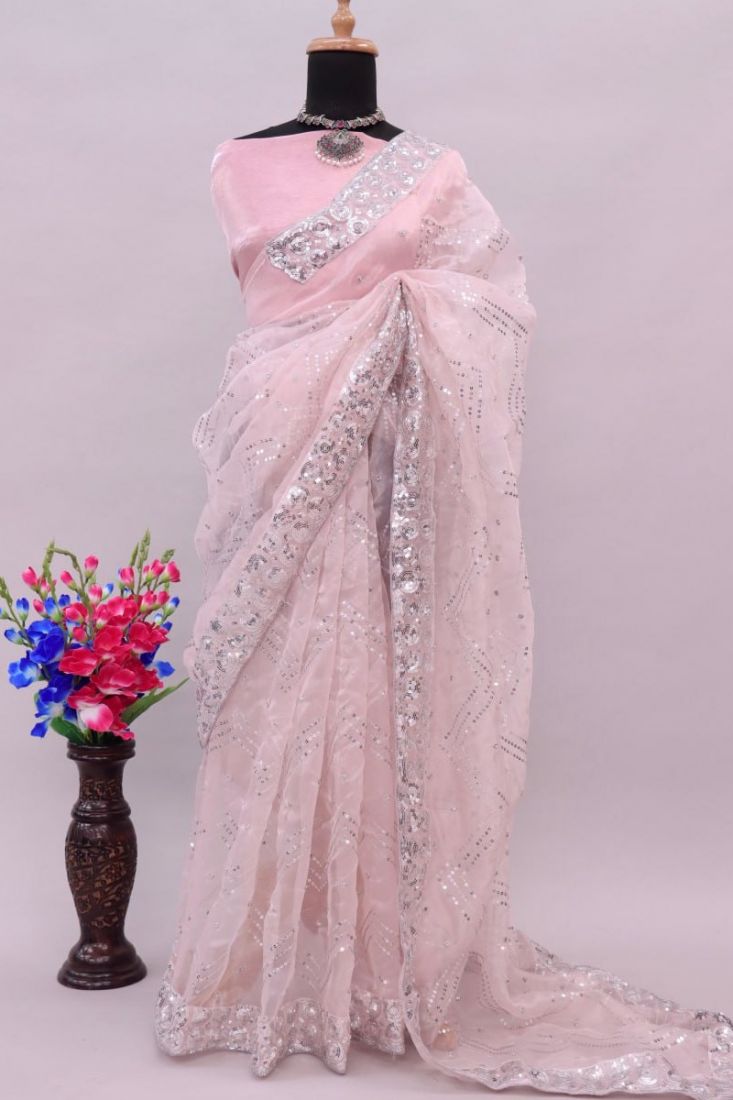 Baby Pink Thread Work Organza Silk Saree