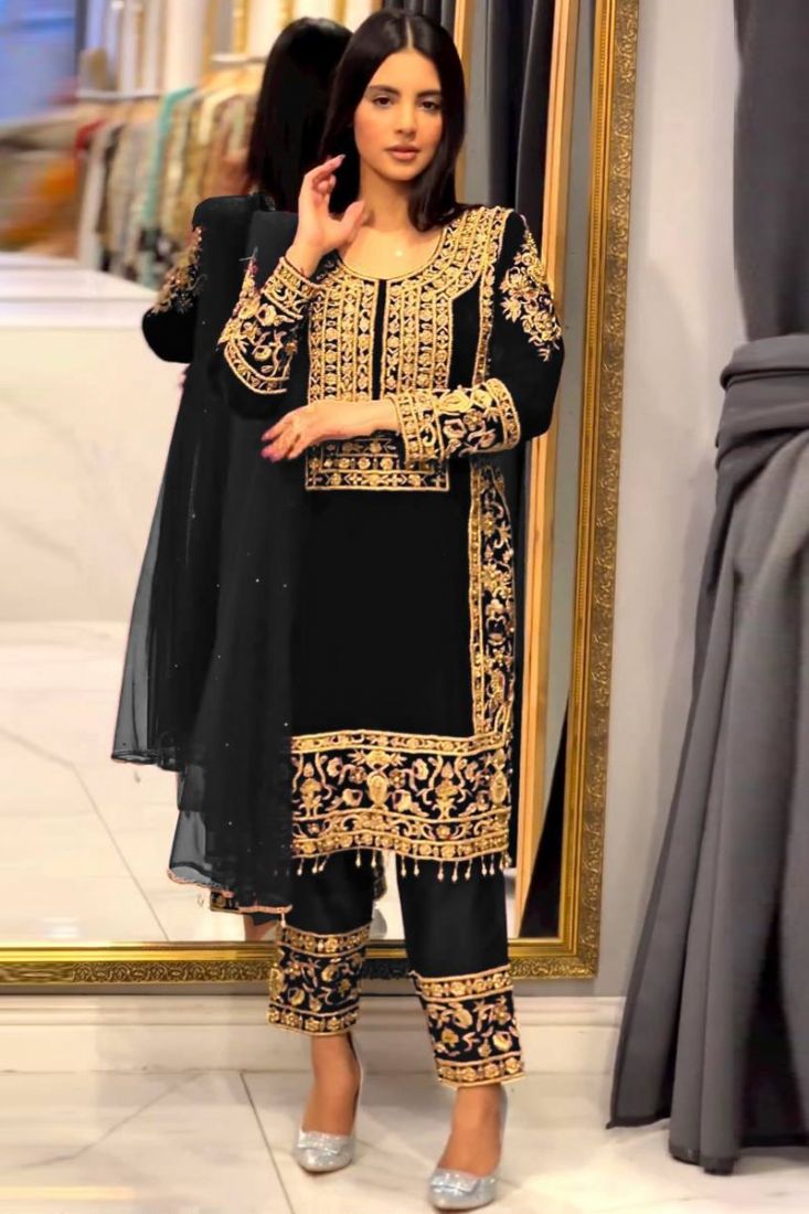 Cotton Silk Party Wear Salwar Suit In Black With Handwork Work - Suits &  Sharara