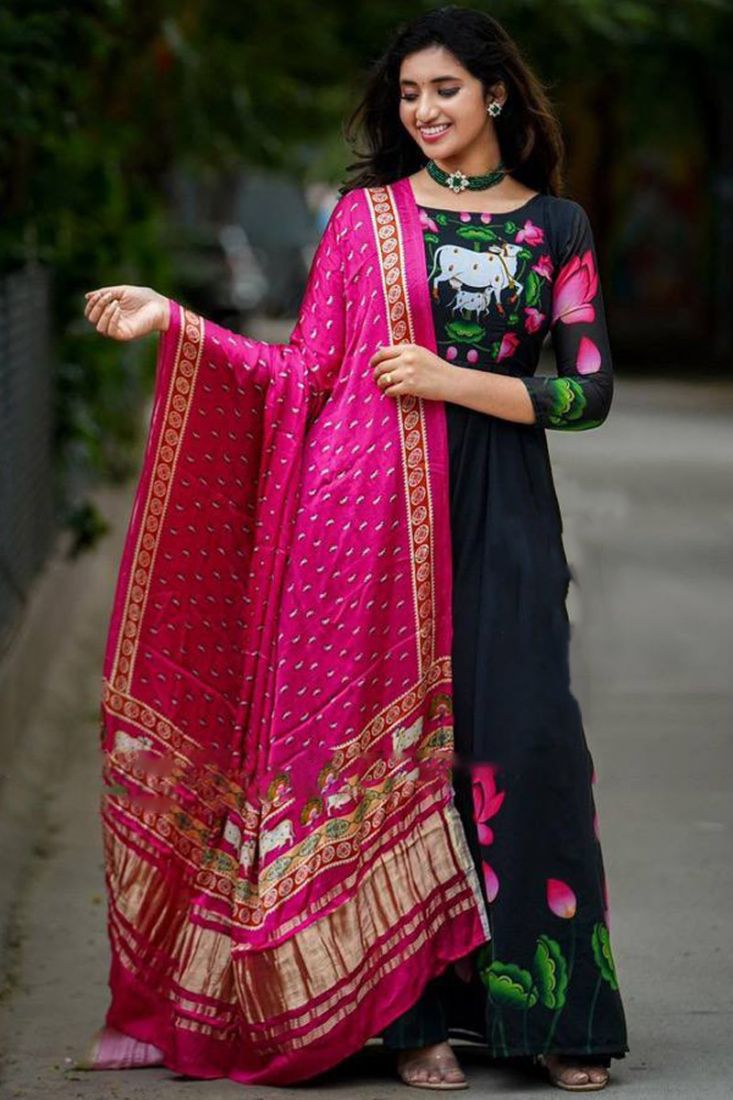 Black Viscose Velvet Embroidered Gown With Dupatta - PinkSaree
