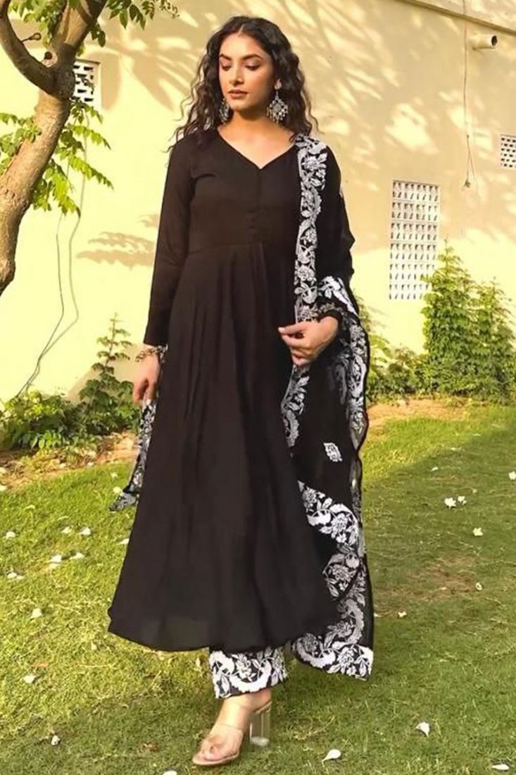 Elegant Black Rayon Anarkali Kurti Set with Embroidery Work and