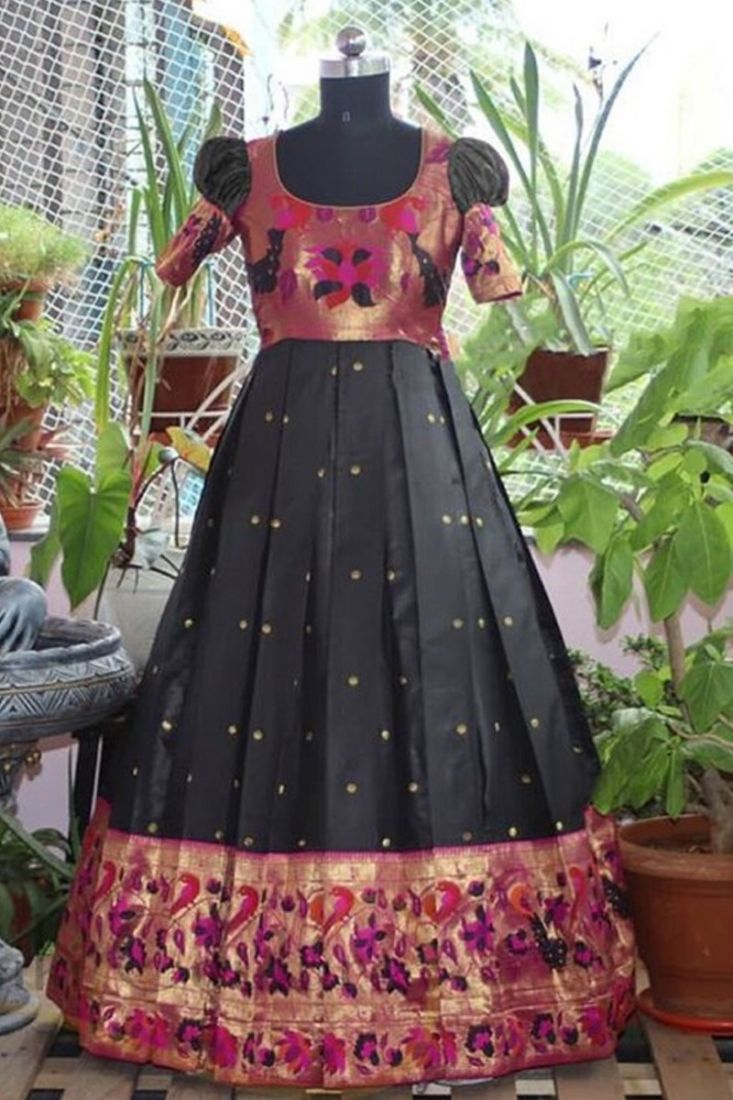 Black Pure Silk Zari Weaving Work Paithani Anarkali Gown