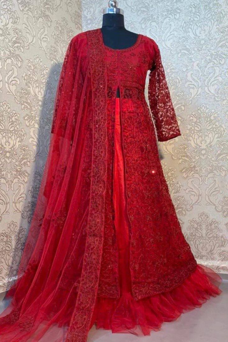 blood red heavy butterfly net slit cut ruffle top with lehenga ft3000782