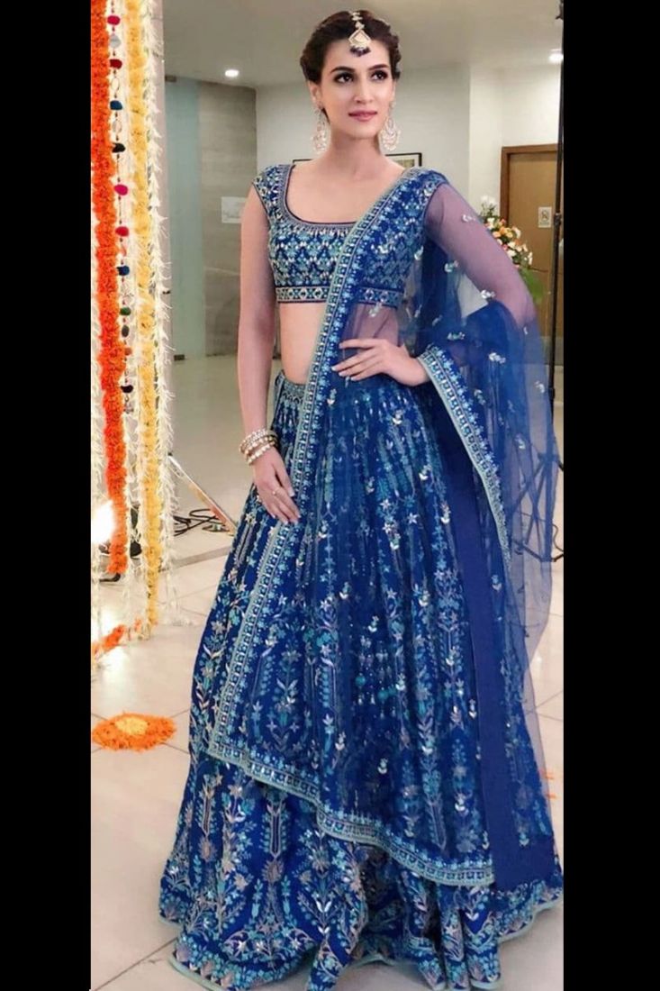 Bollywood Actress Kriti Sanon Style Dark Blue Thread Work Lehenga Choli
