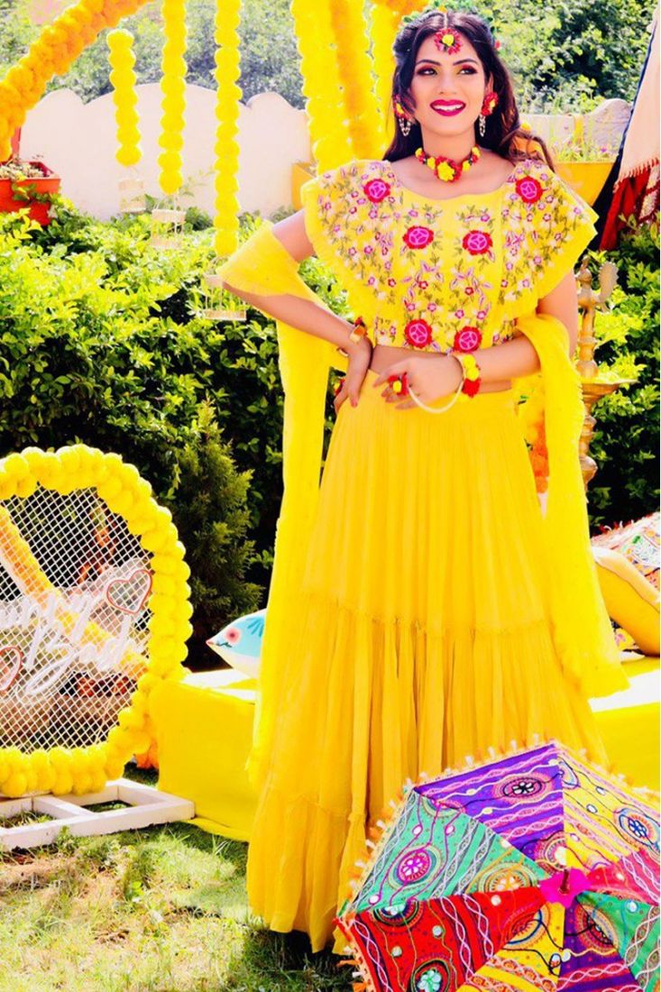 SUNSHINE YELLOW LEHENGA SET WITH A HANDWORK BLOUSE, PAANI SEQUIN PASTEL TO  SUNSHINE YELLOW OMBRÉ SKIRT AND OMBRÉ RUFFLED DUPATTA. - Seasons India