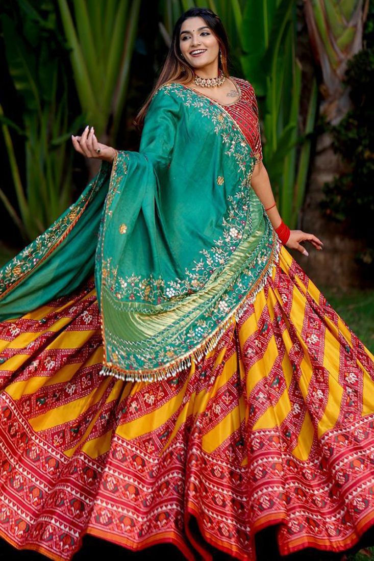 Red, Yellow & Green Ethnic Gujarati Chaniya Choli for Garba Dandiya(M/L)  #44004 | Buy Garba Chaniya Choli Online