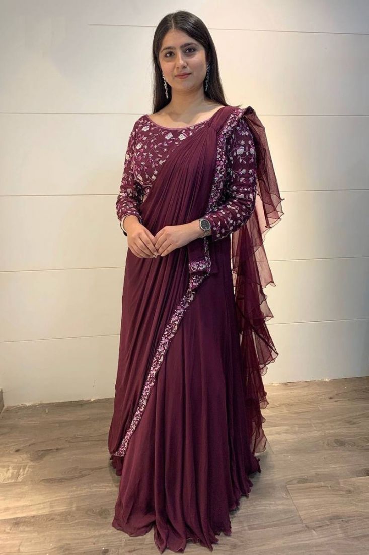 dark magenta plain lehenga choli with ruffle dupatta ft3000998