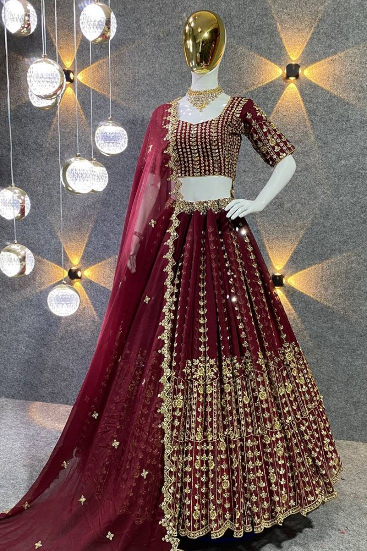 Buy Velvet Bridal Lehenga Choli In Dark Maroon Colour Online - LLCV01729 |  Andaaz Fashion