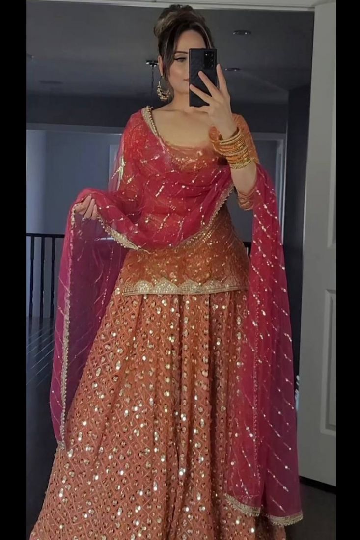 Crepe Embroidery Bridal Lehenga Choli In Peach Colour - LD4900626