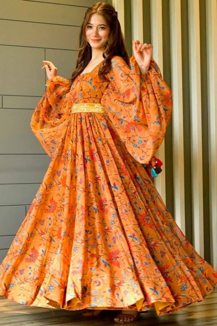 Dark Yellow Flower Printed Balloon Sleeves Long Gown