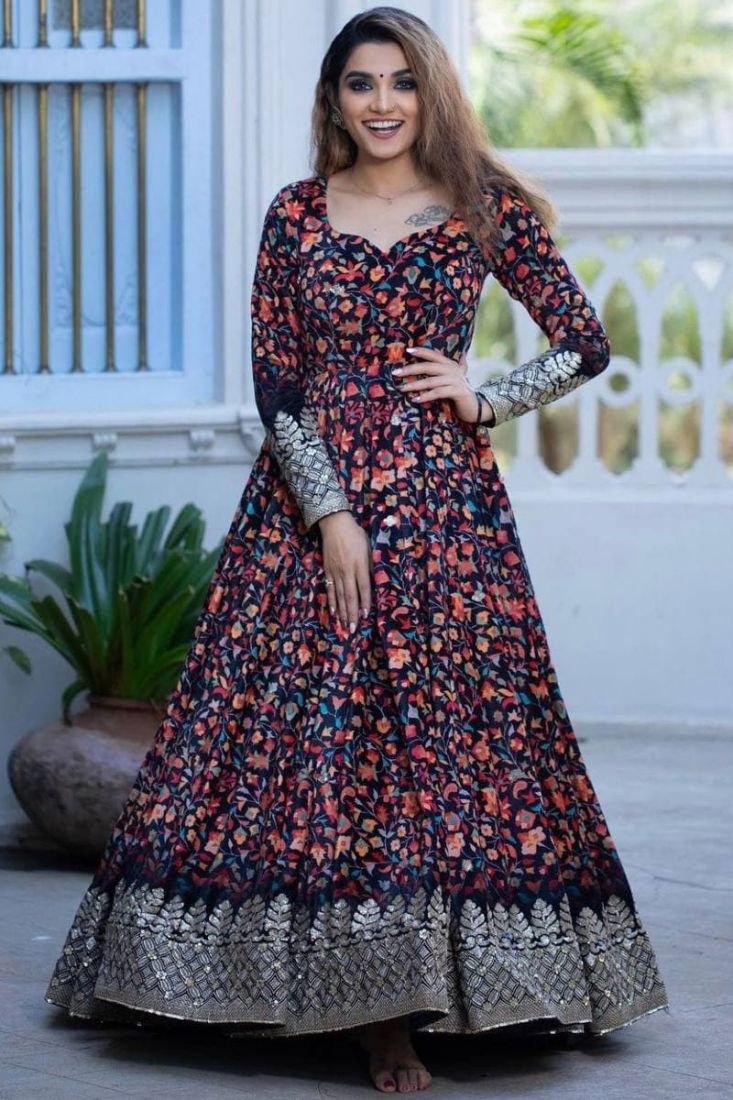 Festival Wear Black Digital Printed Long Anarkali Gown