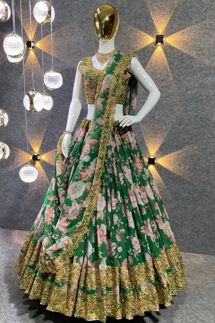 Green Sequined Printed Lehenga