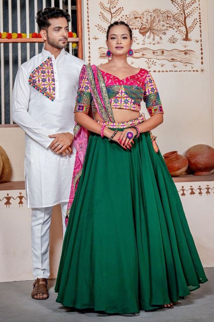 Wedding Wear Embroidery Green and white silk lehenga choli with net dupatta  at Rs 1000 in Surat
