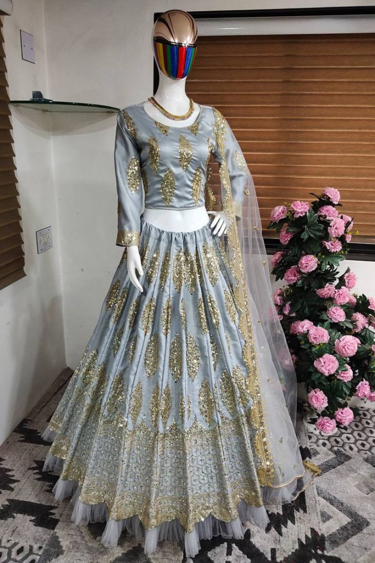 Alia Bhatt Grey Silver Ruffle Lehenga Gown SFIN0922 – ShreeFashionWear