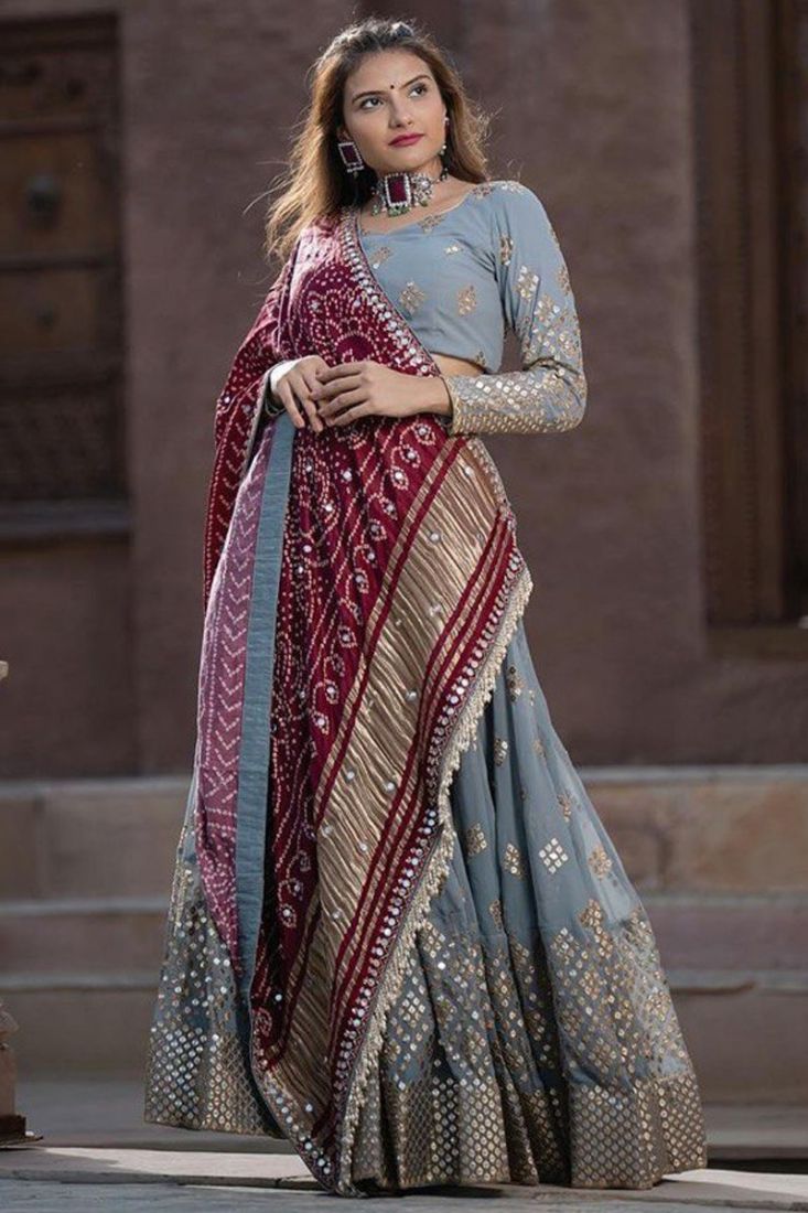 Ash Grey Satin Lehenga With Embroidered Crop Top And Dupatta - TWO SISTERS  BY GYANS - 4084349
