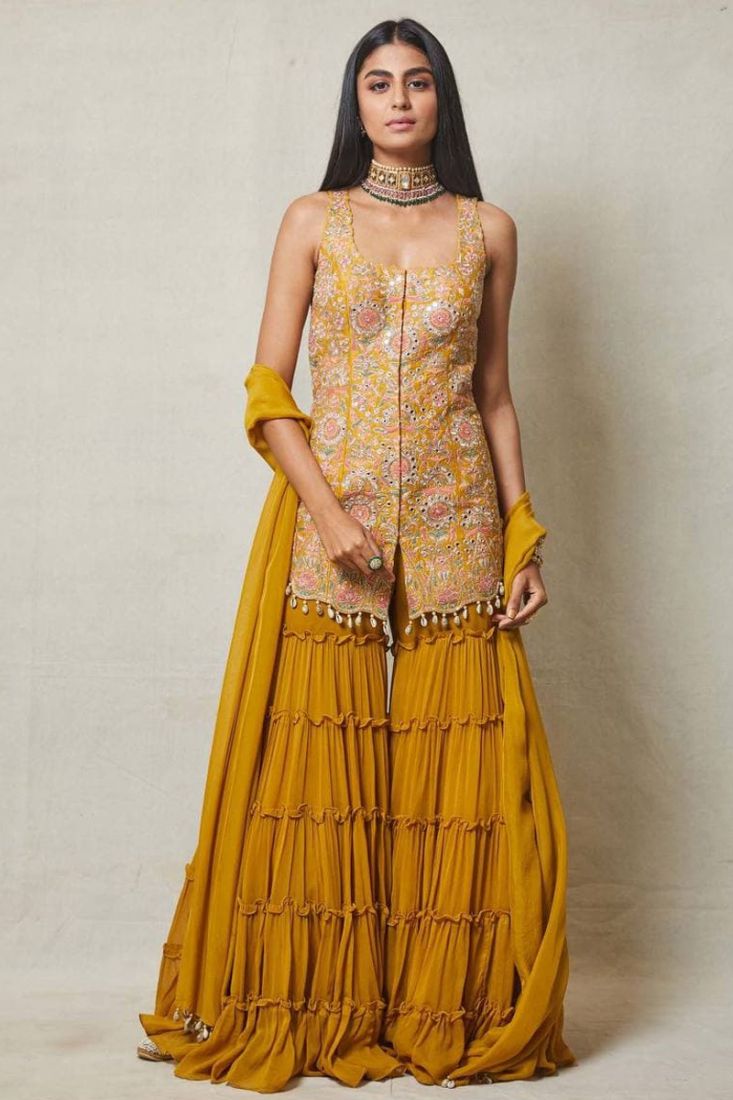 Haldi Yellow Ethnic Festive Asymmetrical Sharara Suit for Online Sales