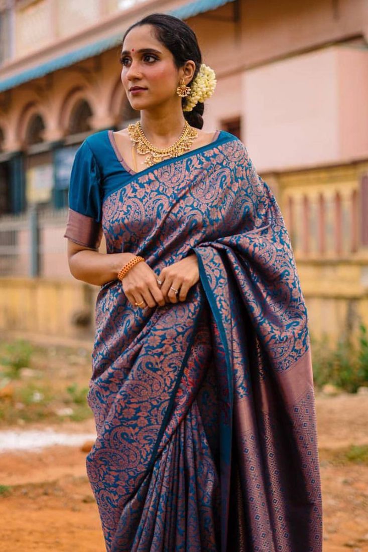 Navy Blue Soft Silk Saree With Blouse 279584