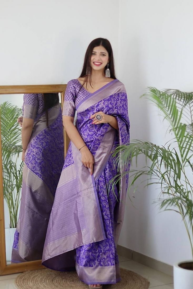 Lavender woven banarasi saree with blouse - Elora Fashion - 3553851