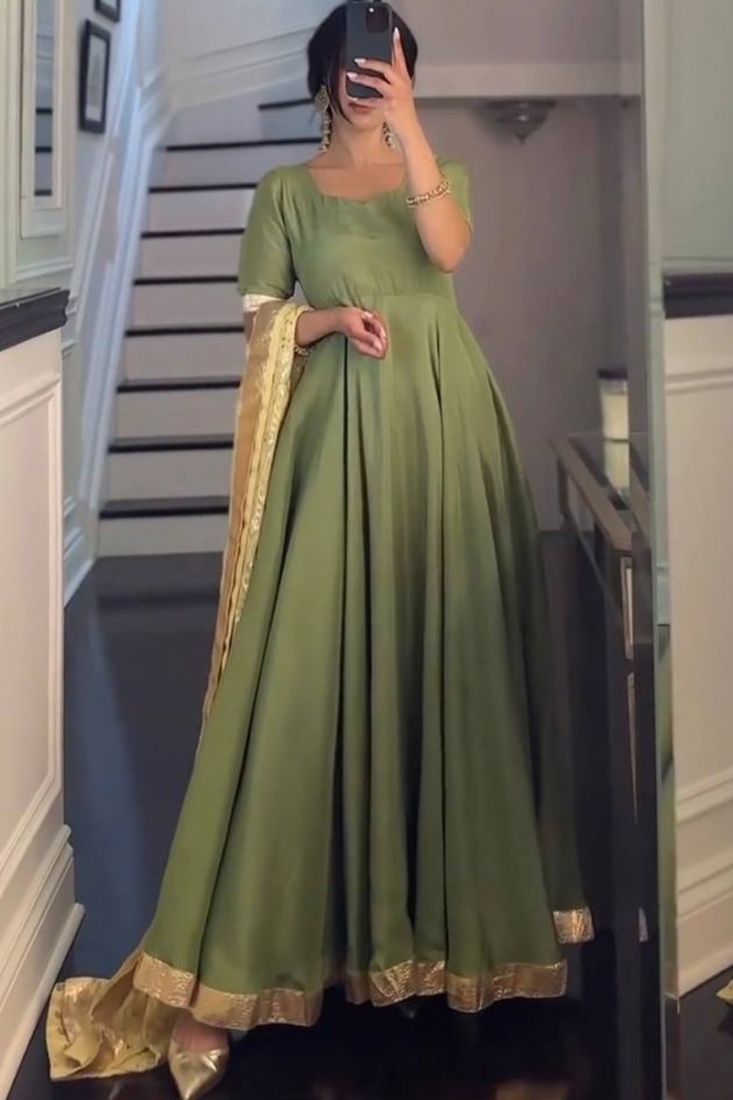 Light Green Plain Gown With Sequence Work Dupatta