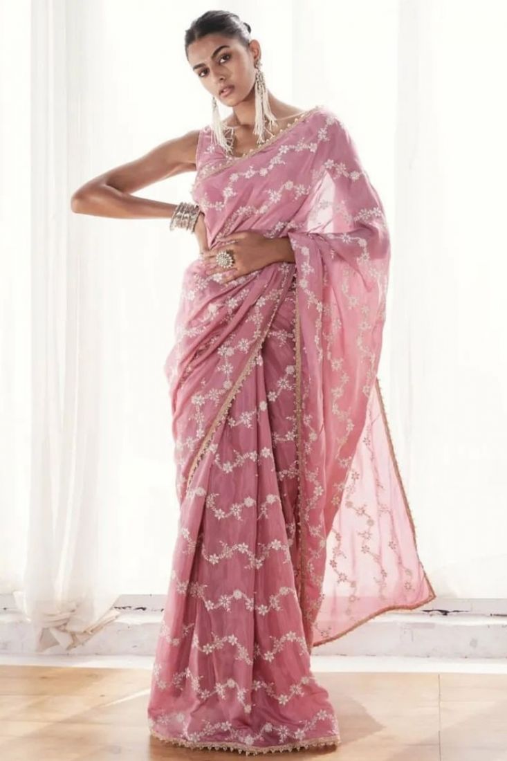 Hot Pink Soft Georgette Silk Saree with Silver Zari Weaving | TST | The  Silk Trend