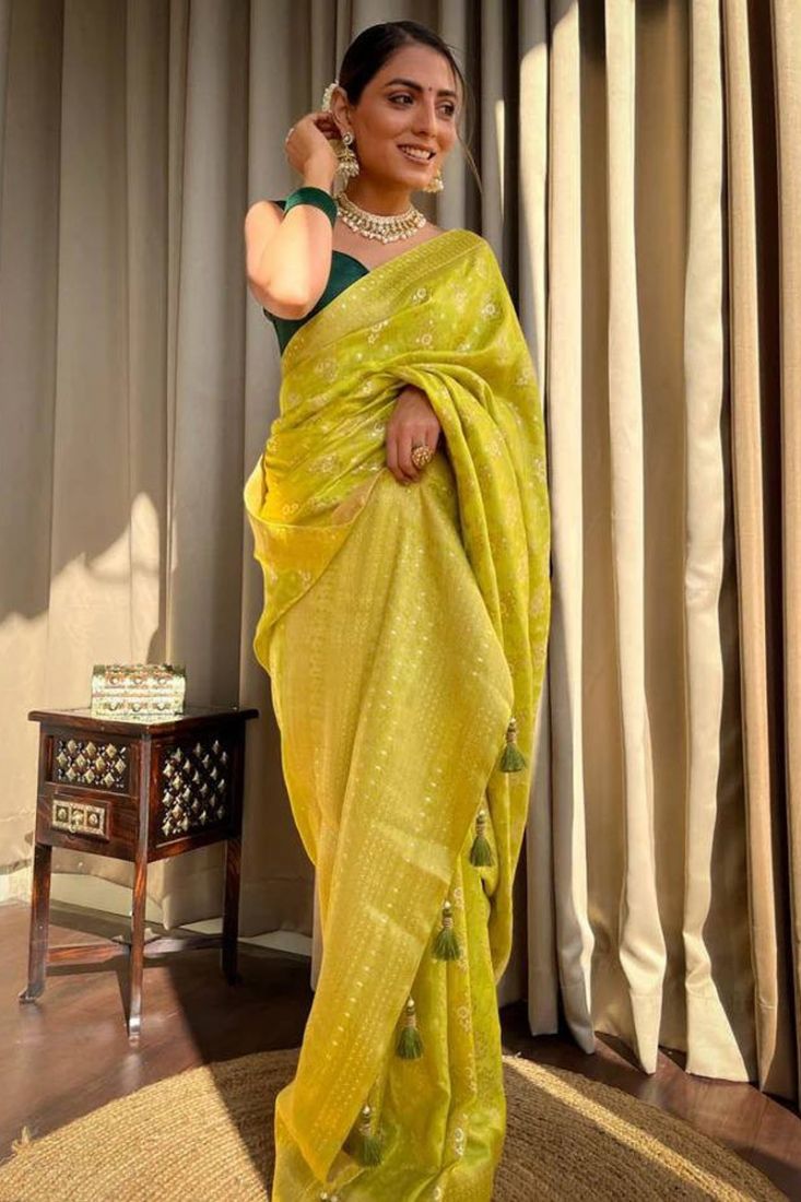 Yellow Dola Silk Saree In Woven Details Latest 5434SR02