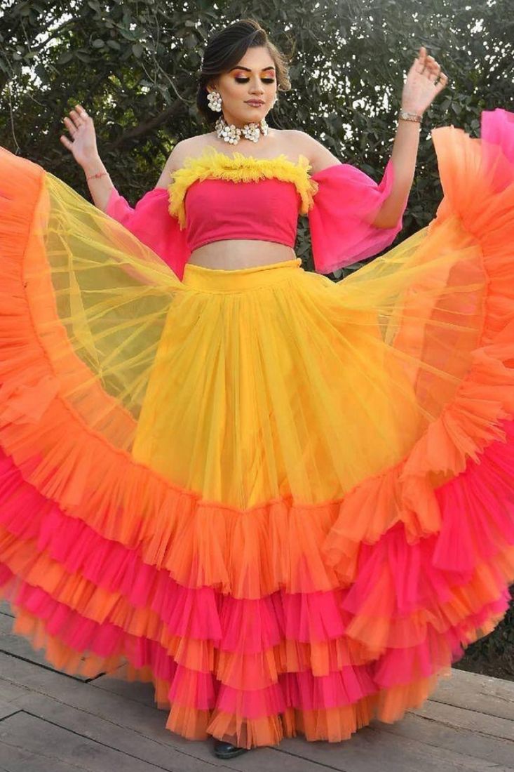 multi color georgette ruffle girlish party wear lehenga choli ft3000871
