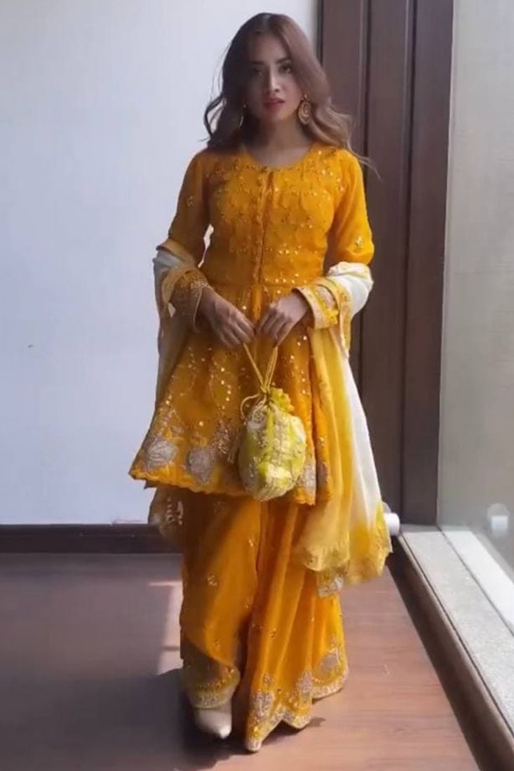 Latest Yellow Sharara & Dupatta Dress For Haldi Function - Ethnic Race