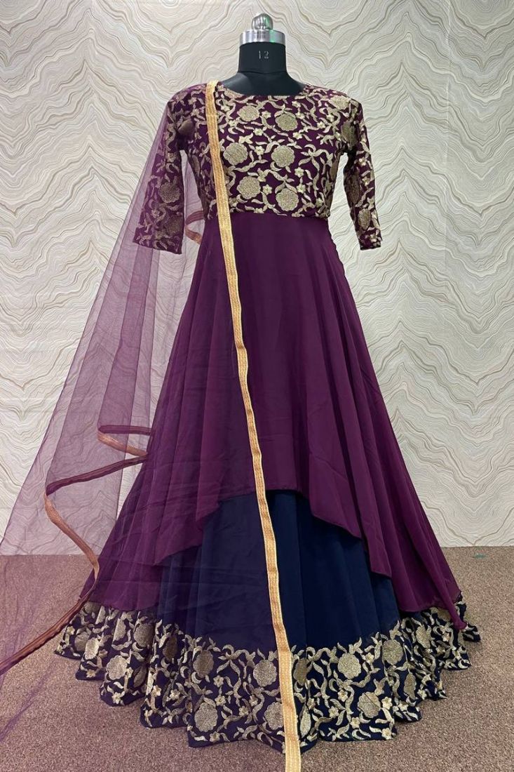 Casual Purple Butterfly Net With Pearl Work Up-Down Anarkali Suit