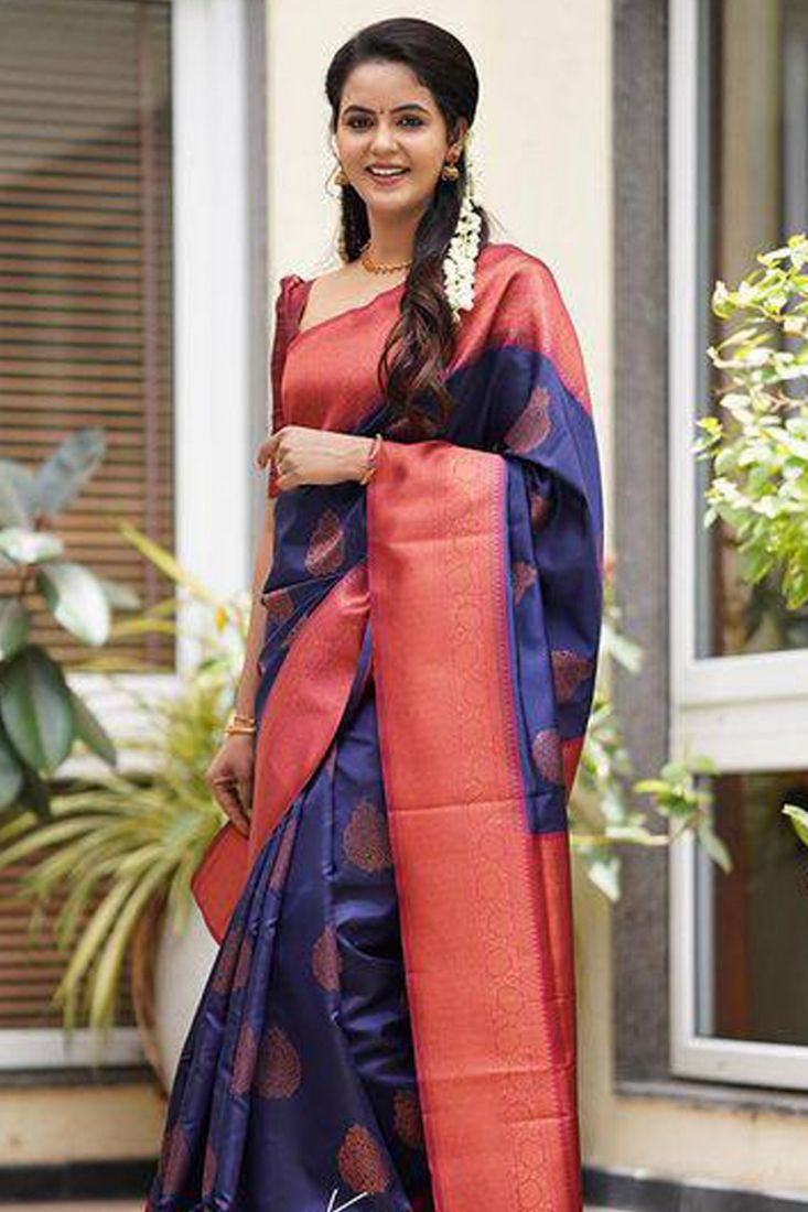 Buy RASVRITI Women's Kanjivaram Soft Silk Saree With Blouses Piece (NAVY  BLUE M) at Amazon.in