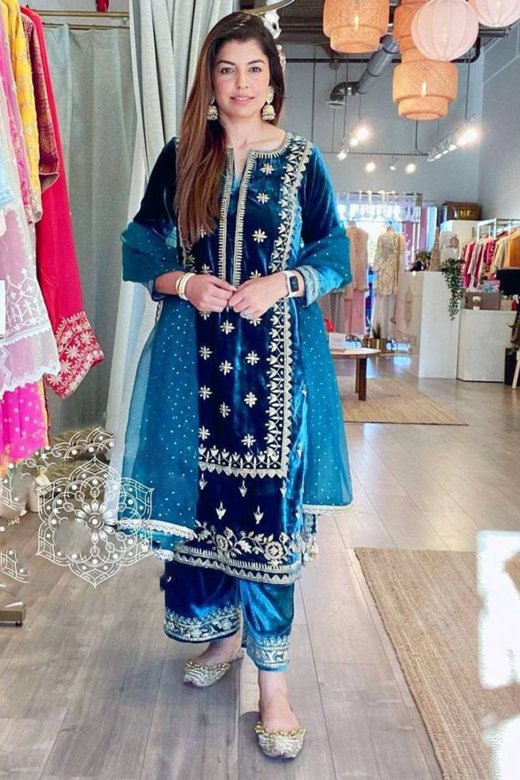 Teal Blue Velvet Dress,embroidered Velvet Suit,velvet Salwar Suit