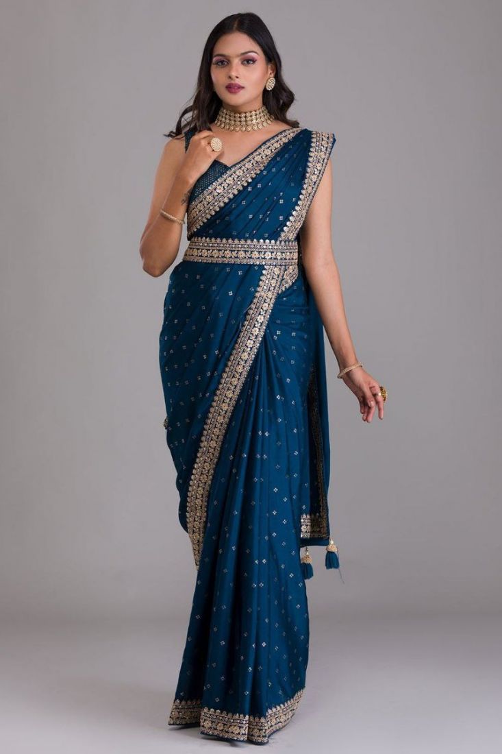 Peacock Blue Floral Mica Print work Banaras Fancy Saree