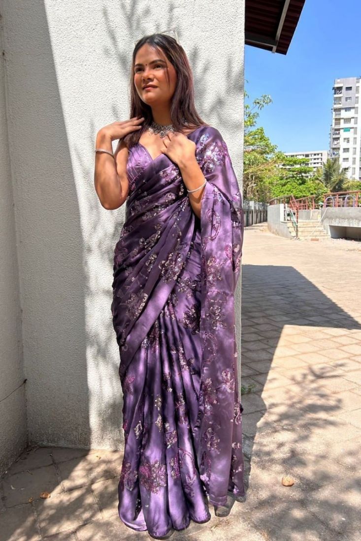 Floral Printed Organza Mix Saree-Mauve – Banarasikargha