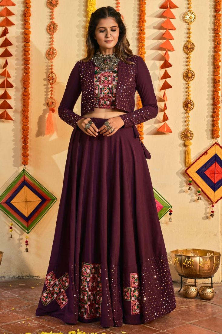 Purple Mirror Work Navratri Wear Lehenga Choli With Shrug