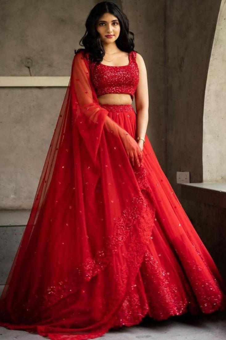Red Floral Printed Semi-Stitched Lehenga Choli with Sequence embroidery  Work With Dupatta - ShopGarb - 4148901