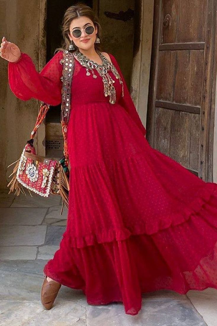 Red Polka Dot Embroidered Anarkali Style Frill Gown