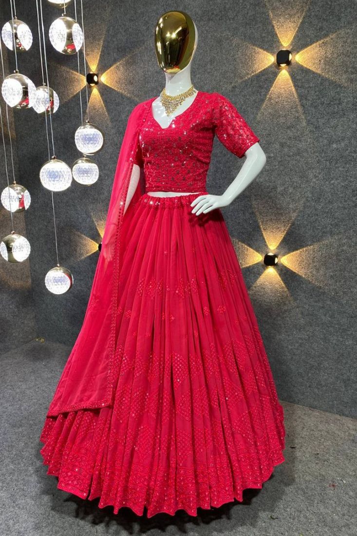 Red Color Sequence Embroidery Lehenga Choli in Georgette Ready to Wear  Lehenga in USA, UK, Malaysia, South Africa, Dubai, Singapore