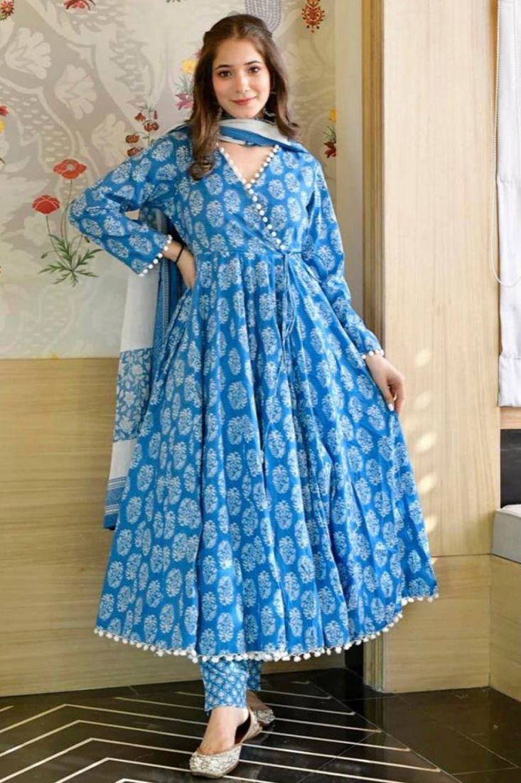 Sky Blue Digital Printed Anarkali Gown With Long Sleeves