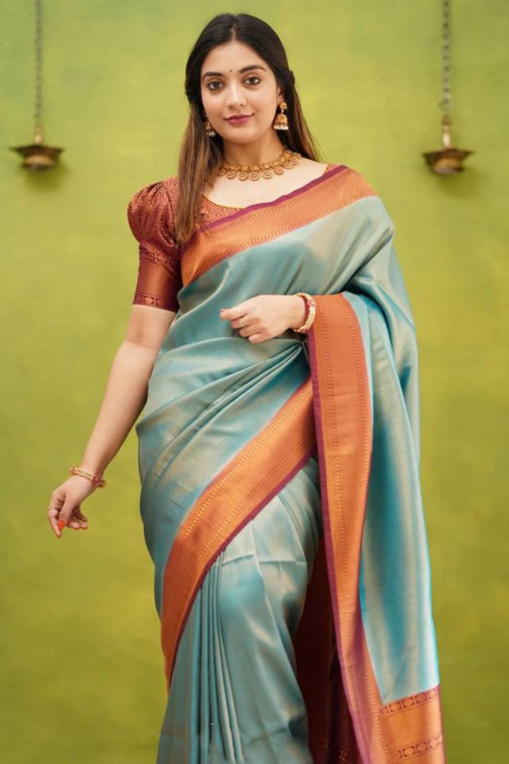 Teal Blue Banarasi Soft Silk Saree