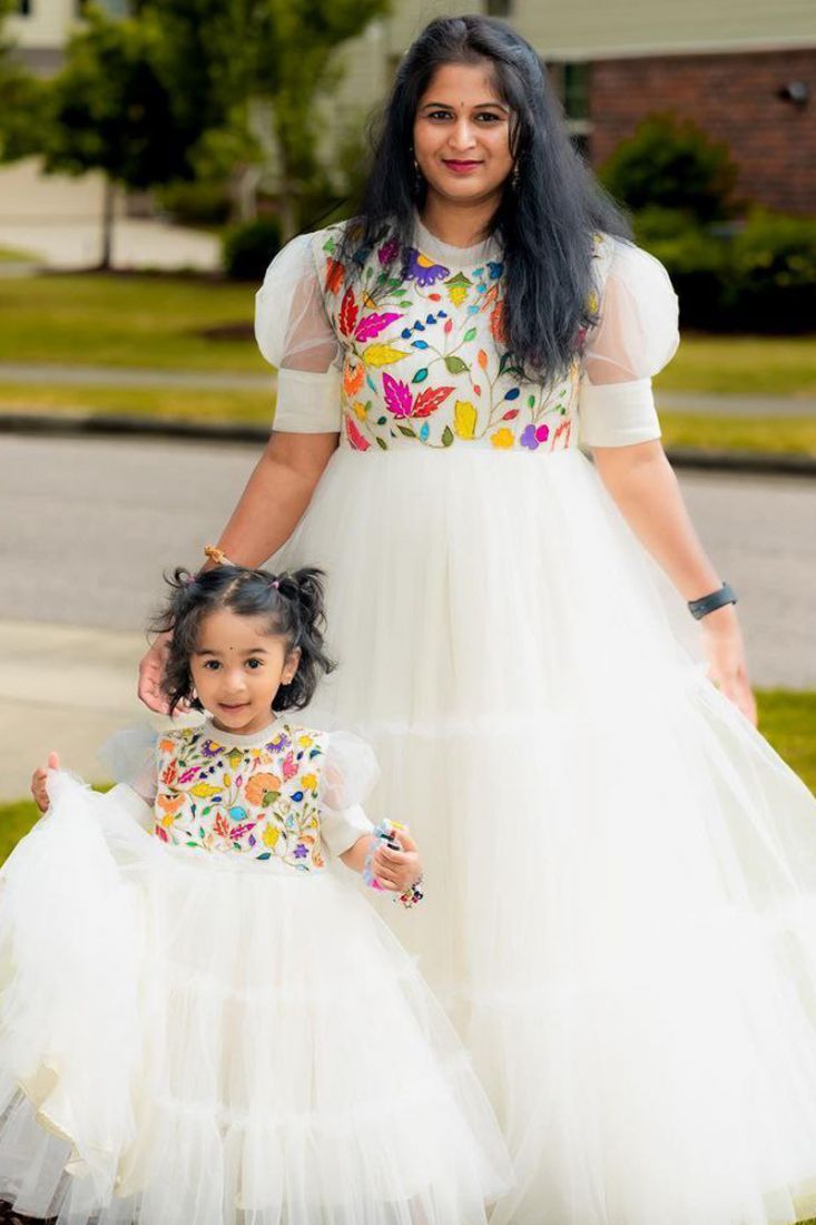 White Mother Daughter Readymade Gown Combo