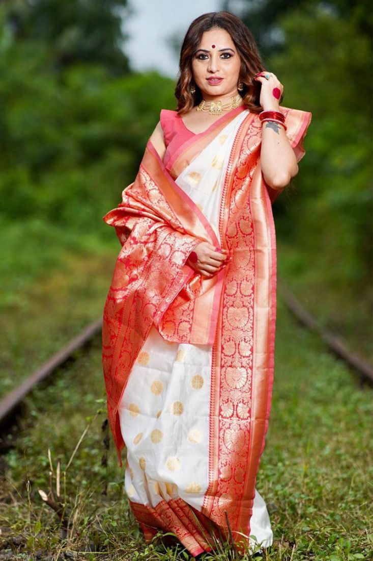 white soft banarasi silk durga pooja special saree ft100456