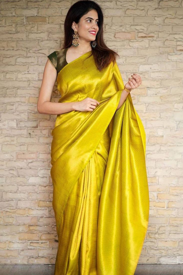 Glamorous Lemon Yellow Chinon Silk Saree for Wedding – tapee.in