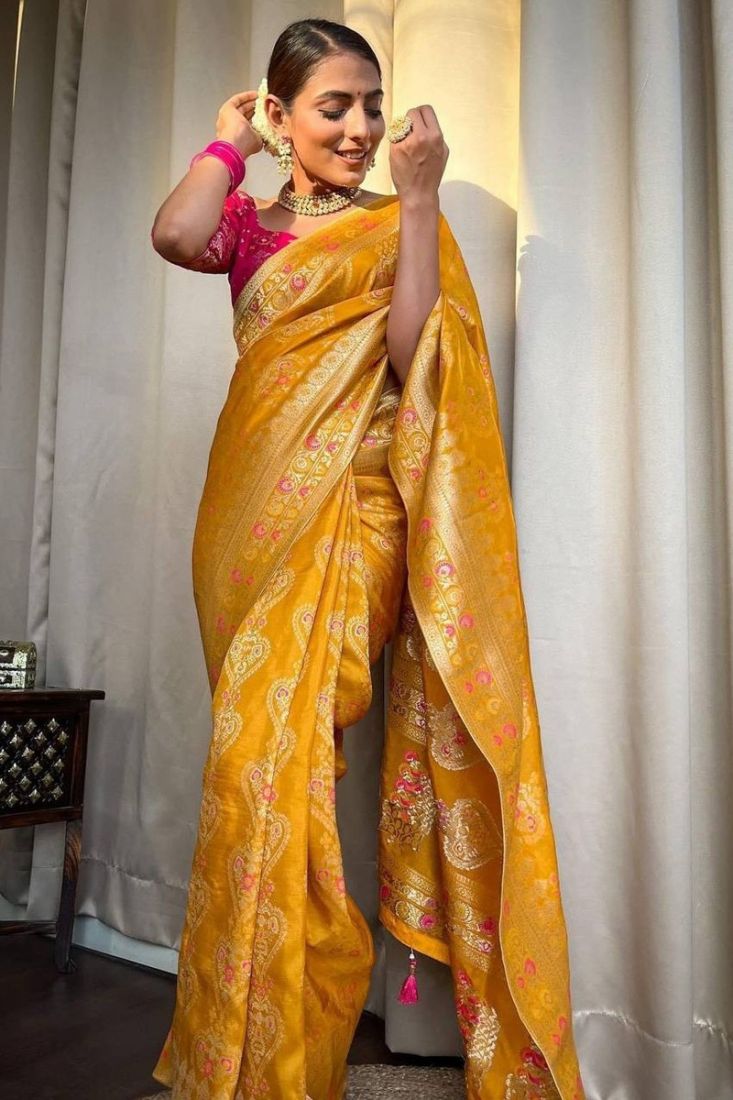 Silk Sarees : Yellow soft lichi silk jacquard weaving work ...