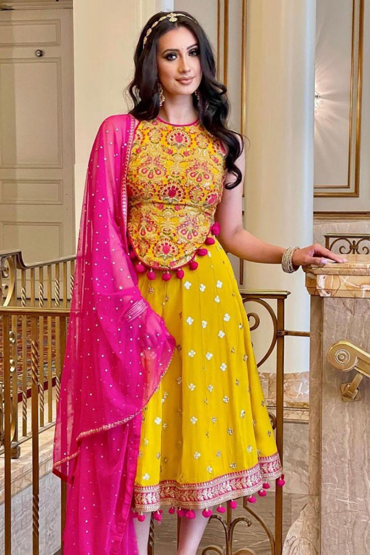 Buy Online Powder Pink and Yellow Embroidered Lehenga with Dupatta – Pure  Elegance