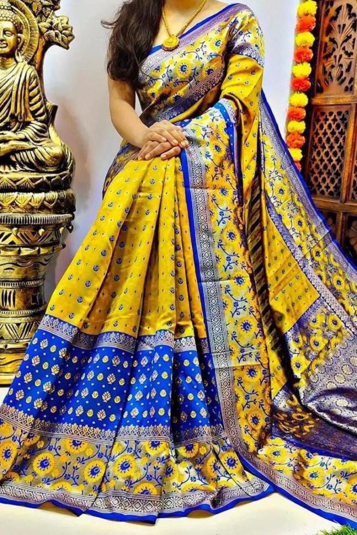 Mustard Yellow Silk Kantha Work Saree