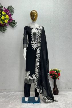 Black Faux Georgette Chain Stitch Work Salwar Suit